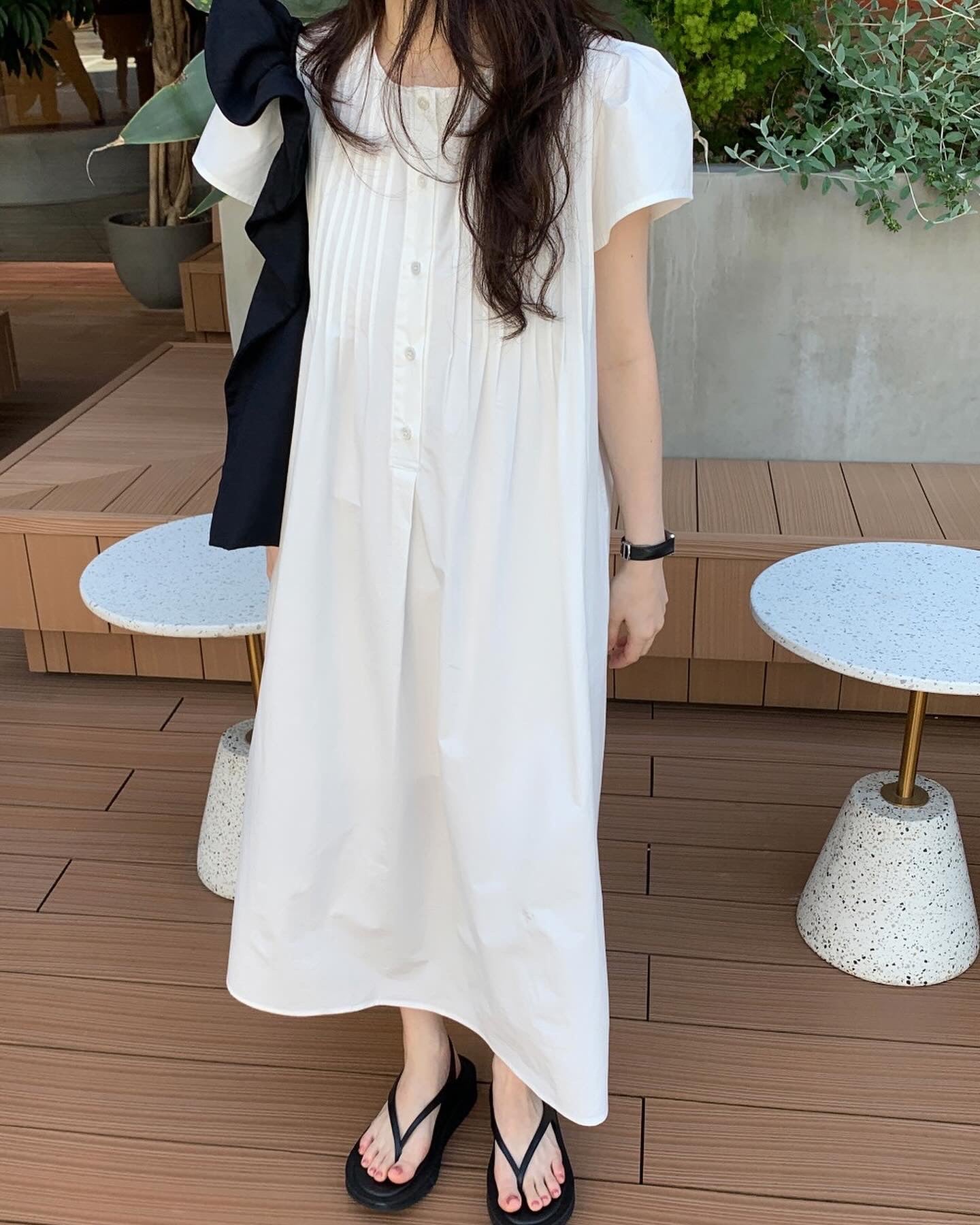 韓系圓領壓褶寬鬆裙