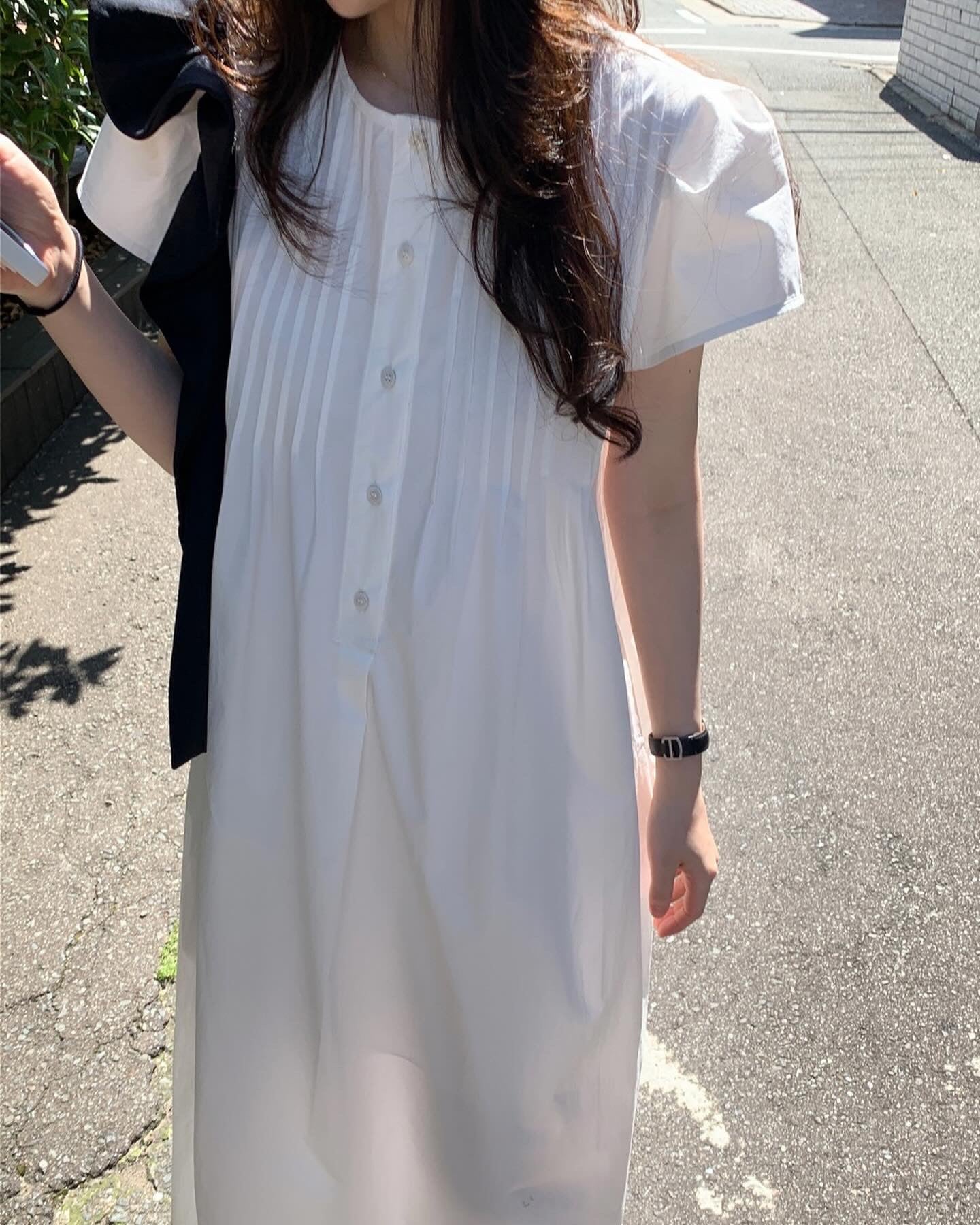 韓系圓領壓褶寬鬆裙