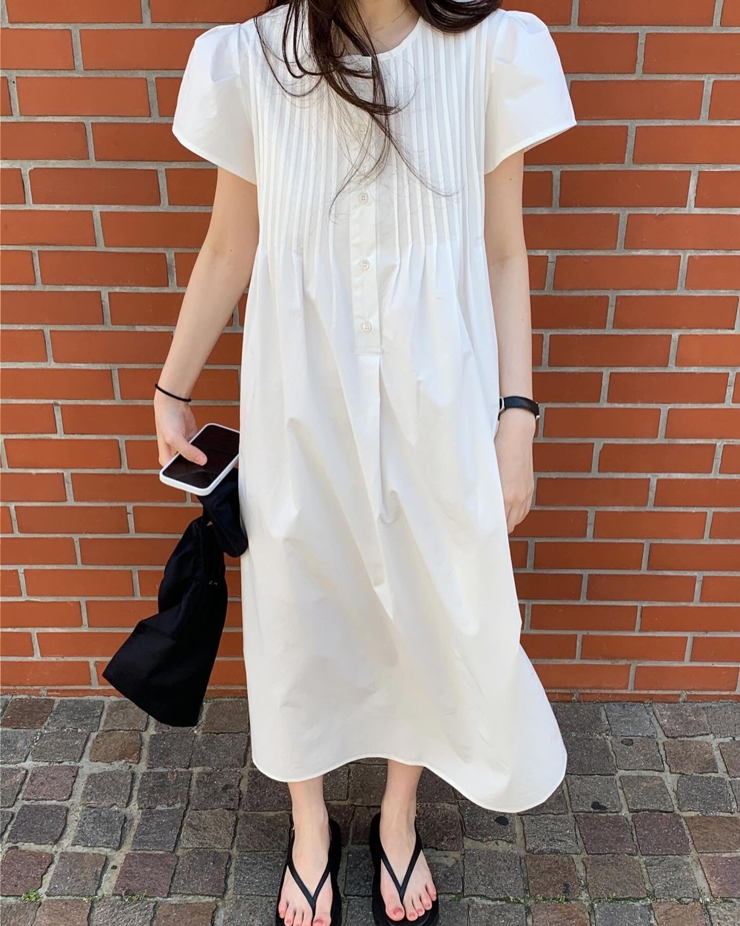韓系圓領壓褶寬鬆裙