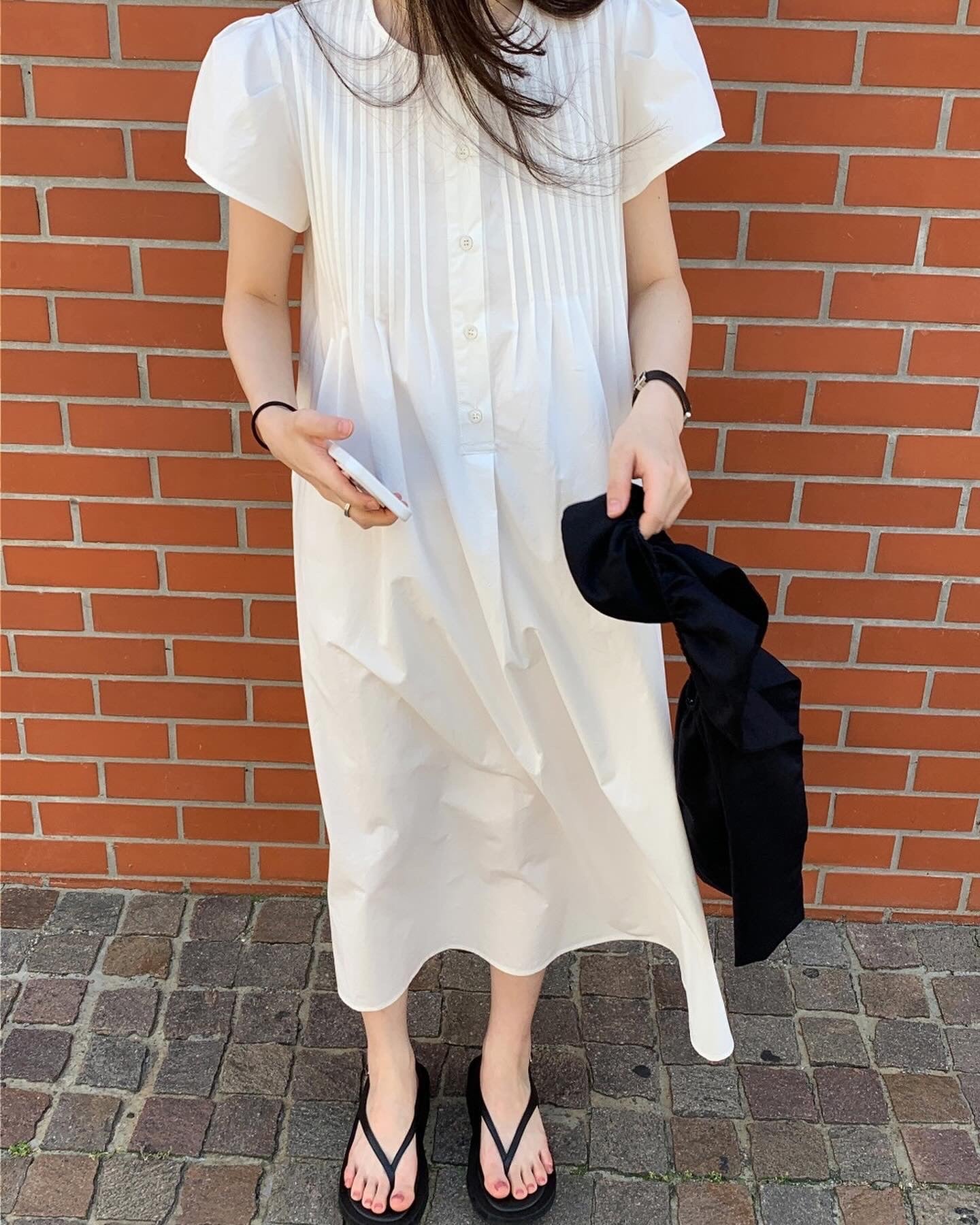 韓系圓領壓褶寬鬆裙