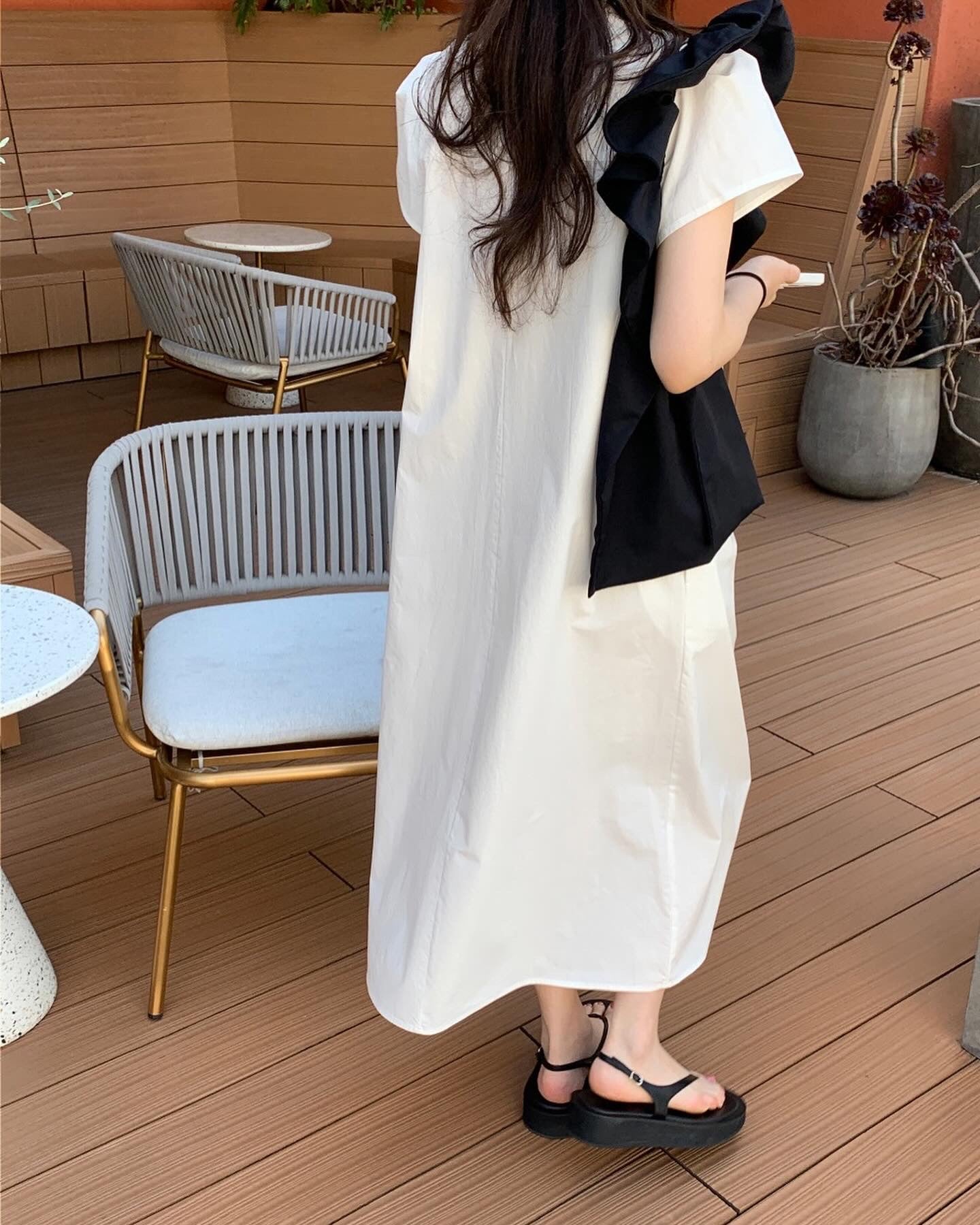 韓系圓領壓褶寬鬆裙