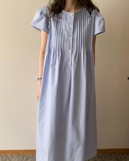 韓系圓領壓褶寬鬆裙