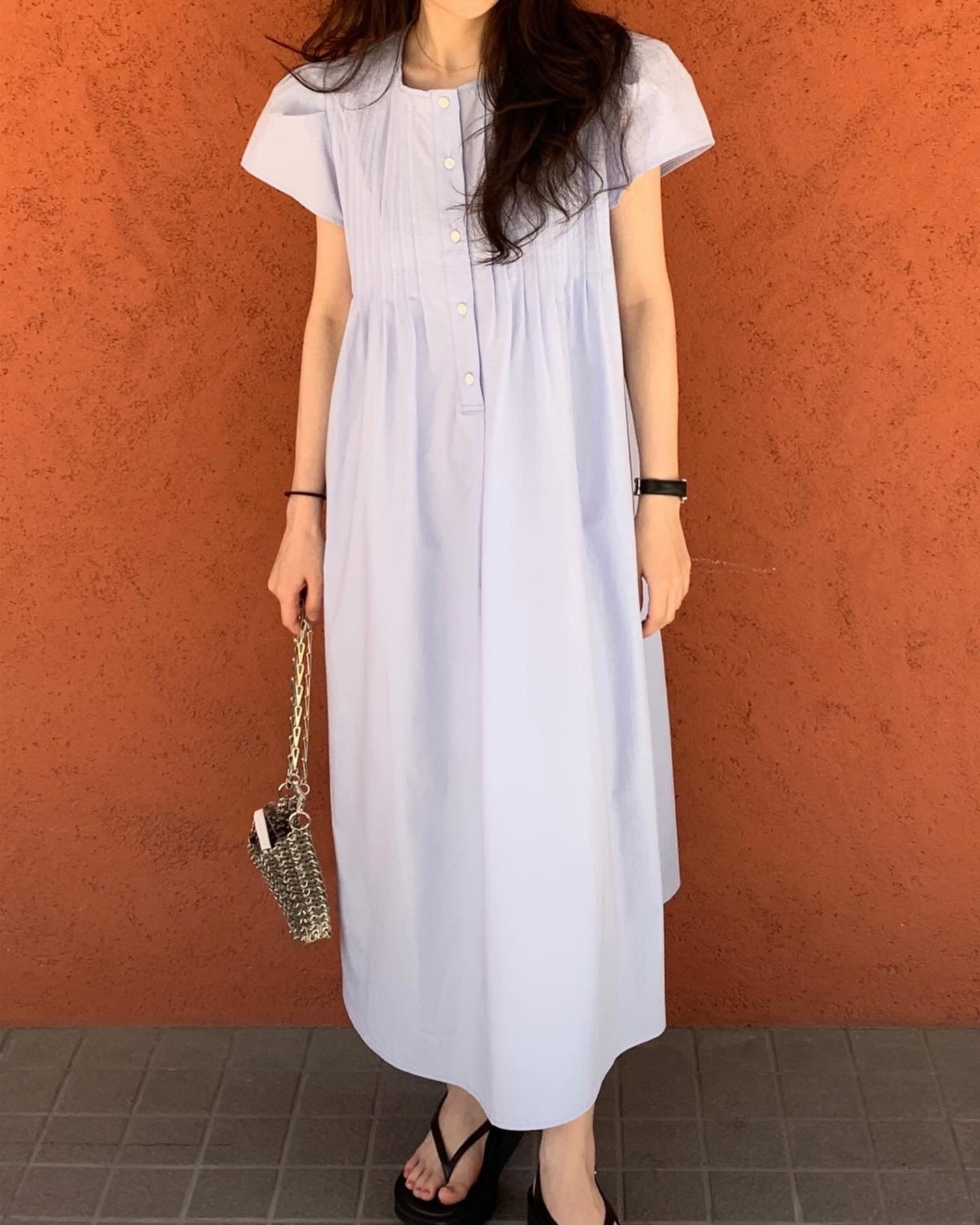 韓系圓領壓褶寬鬆裙