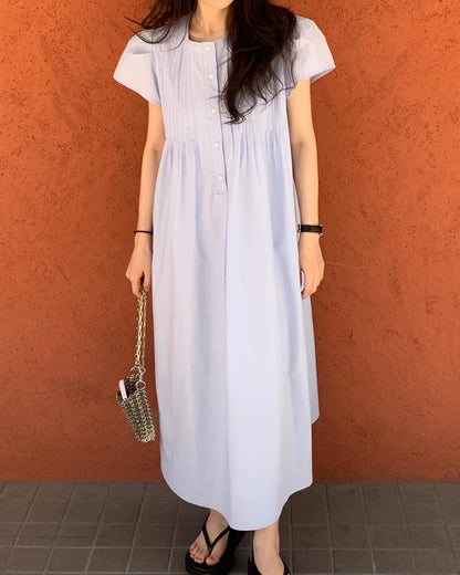 韓系圓領壓褶寬鬆裙