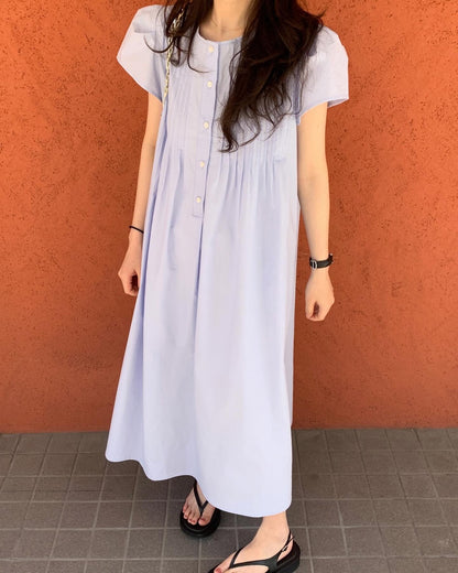 韓系圓領壓褶寬鬆裙