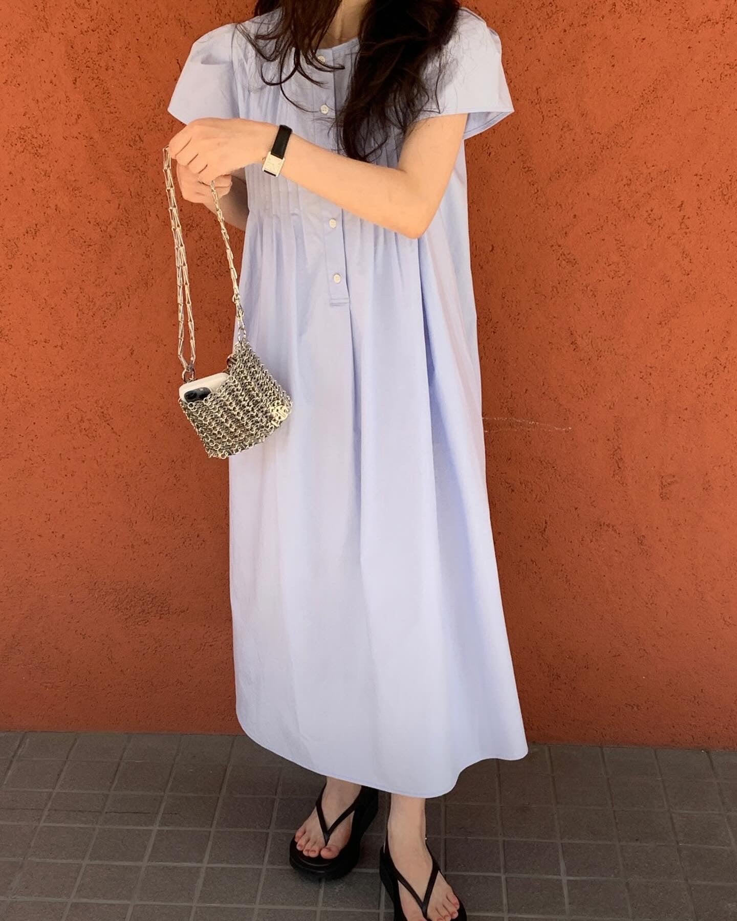 韓系圓領壓褶寬鬆裙