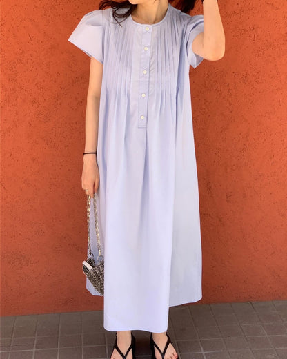 韓系圓領壓褶寬鬆裙