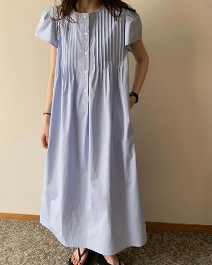 韓系圓領壓褶寬鬆裙