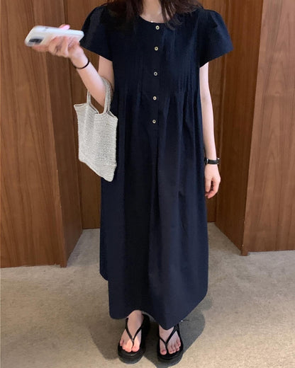 韓系圓領壓褶寬鬆裙