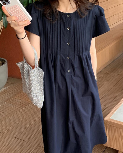 韓系圓領壓褶寬鬆裙