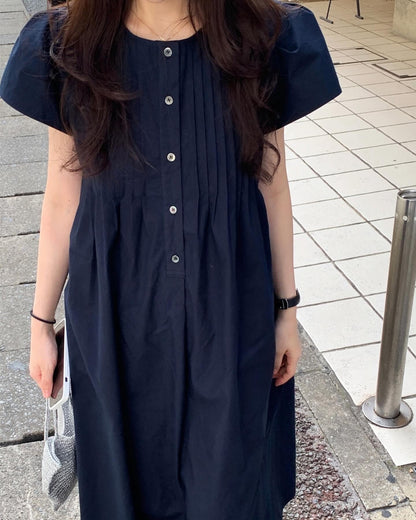 韓系圓領壓褶寬鬆裙