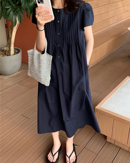 韓系圓領壓褶寬鬆裙