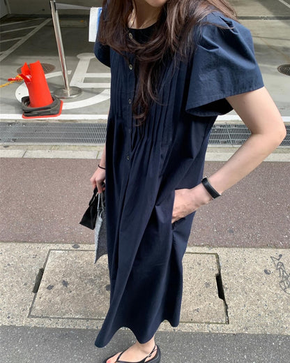 韓系圓領壓褶寬鬆裙