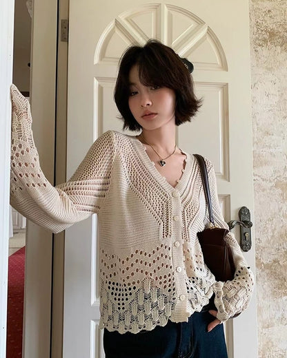 V-neck knitted hollow-out cardigan