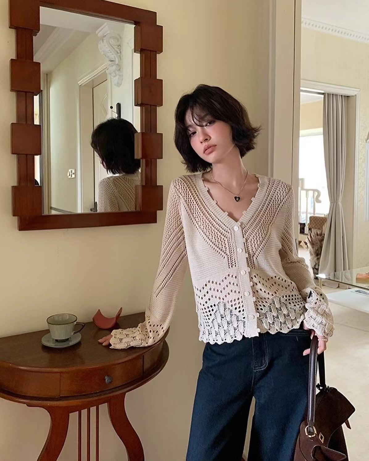 V-neck knitted hollow-out cardigan