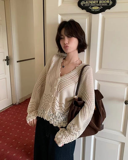 V-neck knitted hollow-out cardigan