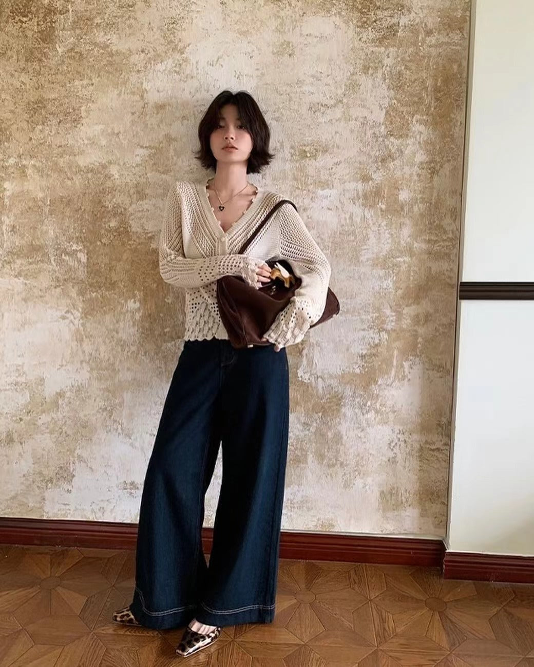 V-neck knitted hollow-out cardigan