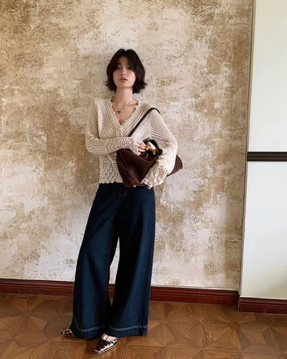 V-neck knitted hollow-out cardigan