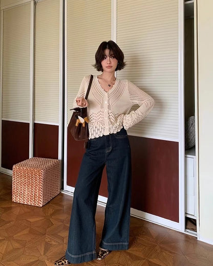 V-neck knitted hollow-out cardigan