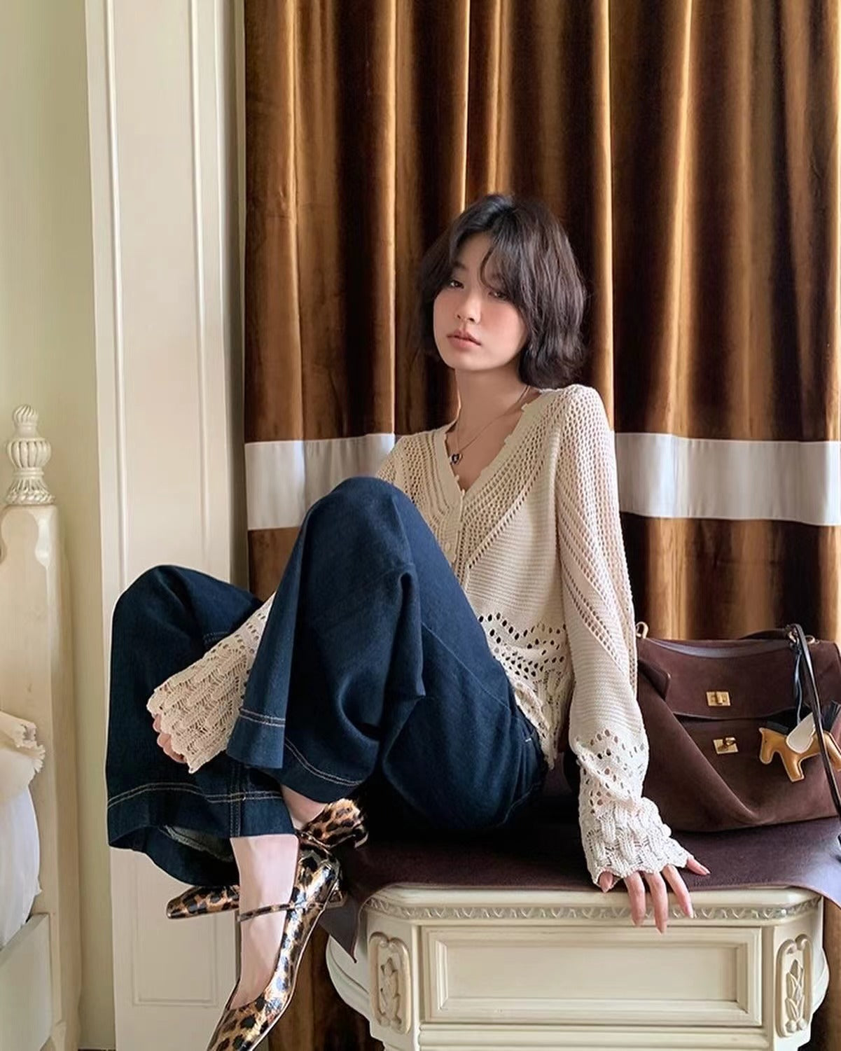 V-neck knitted hollow-out cardigan