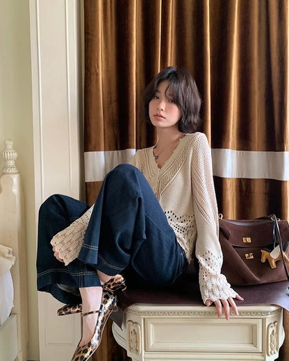 V-neck knitted hollow-out cardigan