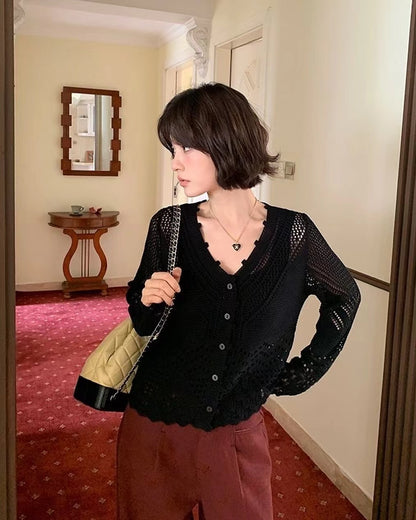 V-neck knitted hollow-out cardigan