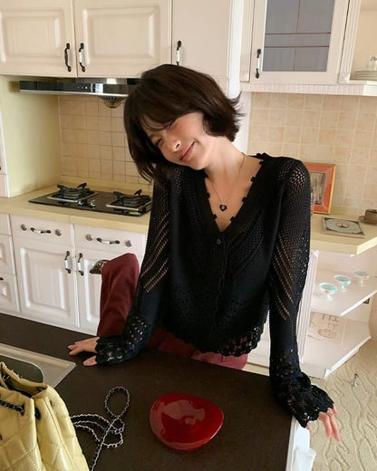 V-neck knitted hollow-out cardigan