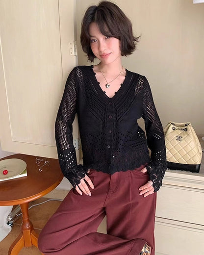 V-neck knitted hollow-out cardigan