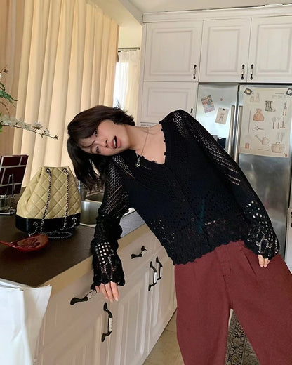 V-neck knitted hollow-out cardigan
