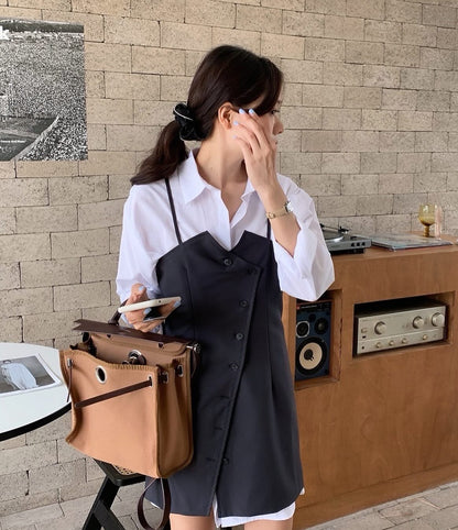 シャツ+不規則ボタンデザインスリットキャミソールドレス