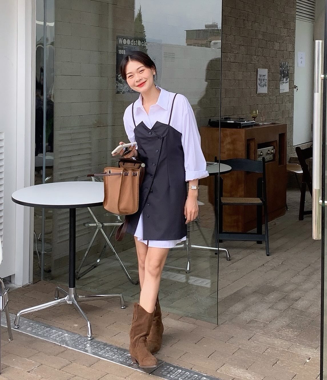 シャツ+不規則ボタンデザインスリットキャミソールドレス