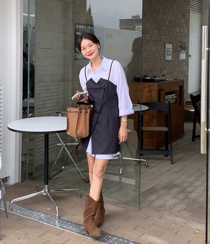 シャツ+不規則ボタンデザインスリットキャミソールドレス