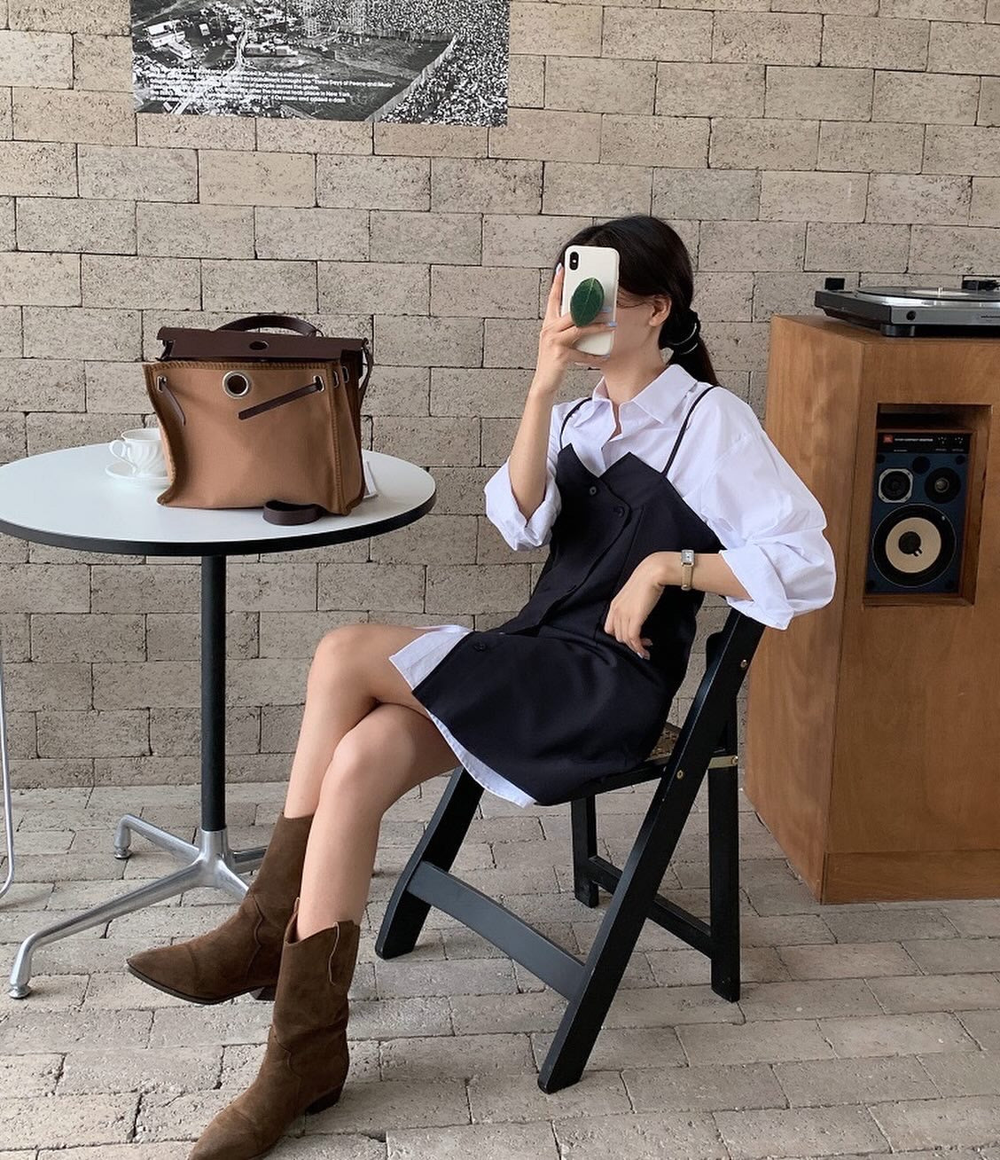 シャツ+不規則ボタンデザインスリットキャミソールドレス