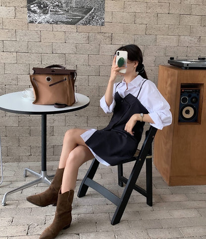 シャツ+不規則ボタンデザインスリットキャミソールドレス