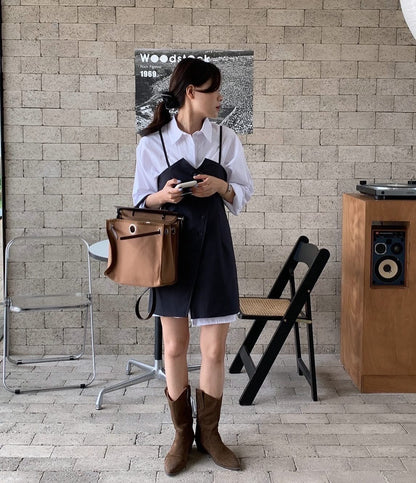 シャツ+不規則ボタンデザインスリットキャミソールドレス