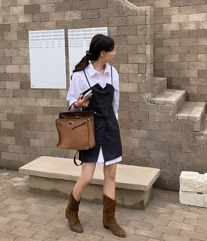 シャツ+不規則ボタンデザインスリットキャミソールドレス