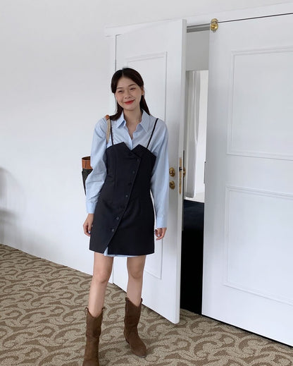 シャツ+不規則ボタンデザインスリットキャミソールドレス