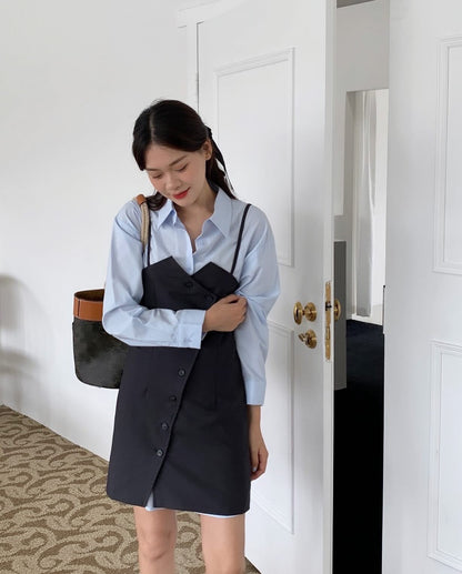 シャツ+不規則ボタンデザインスリットキャミソールドレス