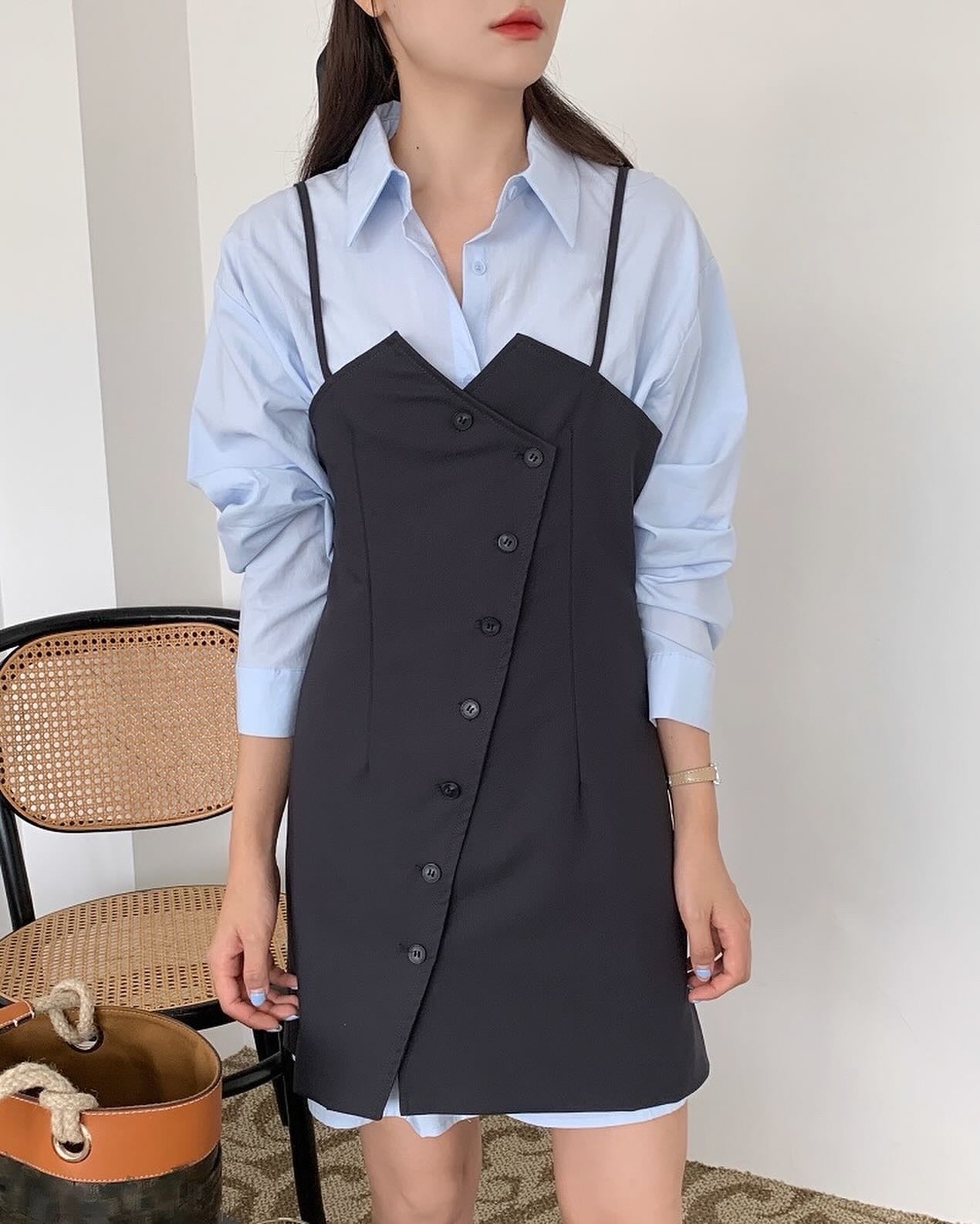 シャツ+不規則ボタンデザインスリットキャミソールドレス