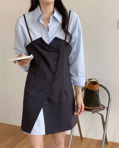 シャツ+不規則ボタンデザインスリットキャミソールドレス