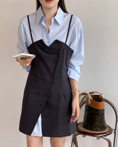 シャツ+不規則ボタンデザインスリットキャミソールドレス
