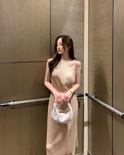 皺摺長款扭結背心+休閒長褲套裝