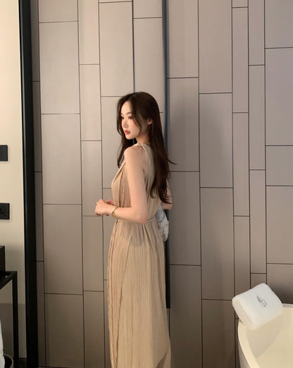 皺摺長款扭結背心+休閒長褲套裝