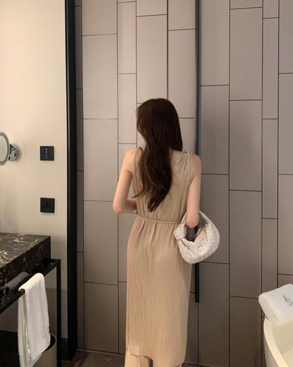 皺摺長款扭結背心+休閒長褲套裝