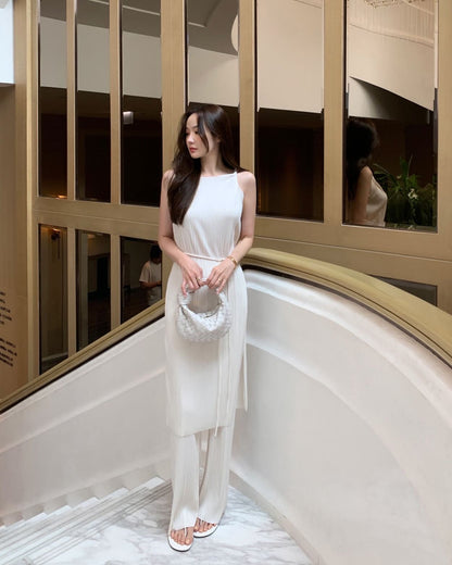 皺摺長款扭結背心+休閒長褲套裝