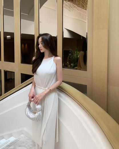 皺摺長款扭結背心+休閒長褲套裝