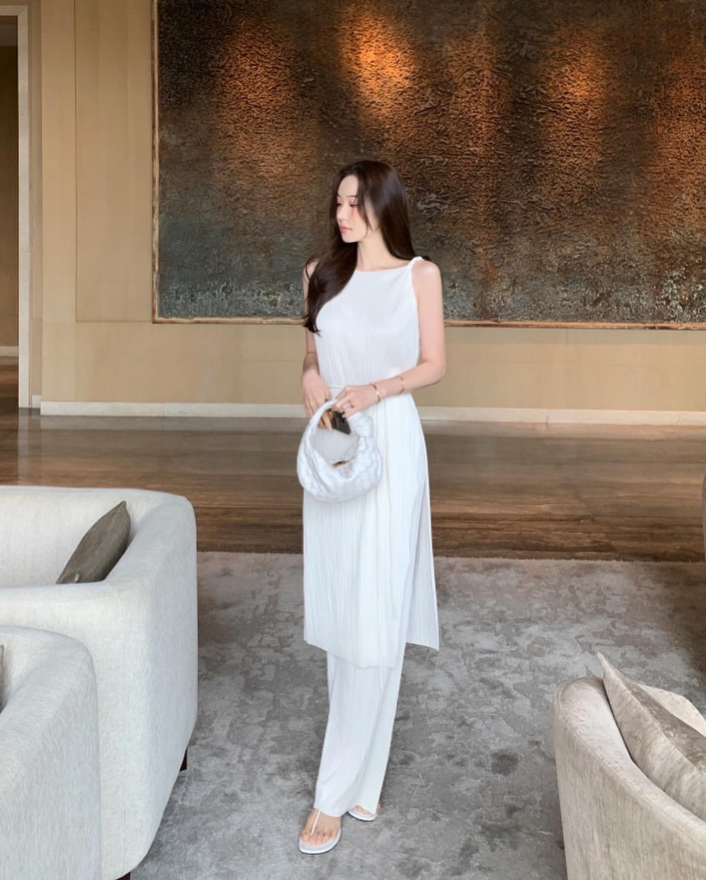 皺摺長款扭結背心+休閒長褲套裝