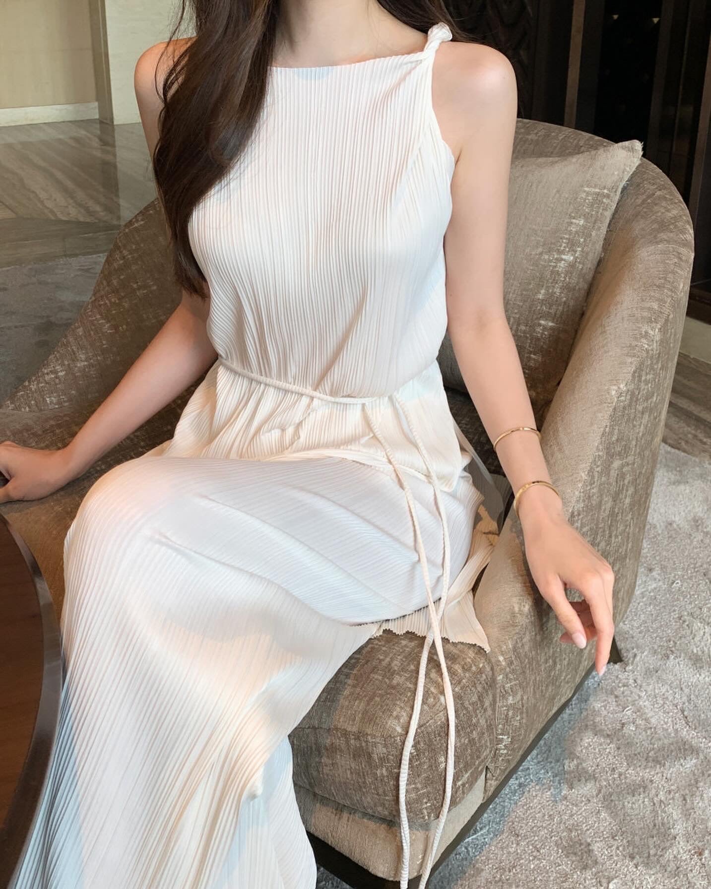 皺摺長款扭結背心+休閒長褲套裝