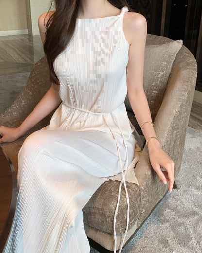 皺摺長款扭結背心+休閒長褲套裝