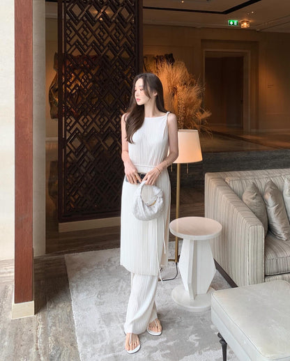 皺摺長款扭結背心+休閒長褲套裝